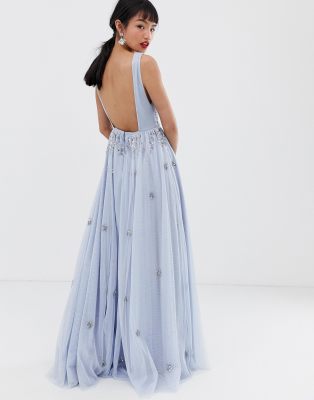 dolly & delicious petite plunge front embellished maxi dress with high thigh split in ice blue