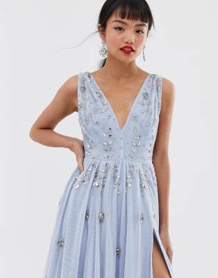 dolly & delicious petite plunge front embellished maxi dress with high thigh split in ice blue