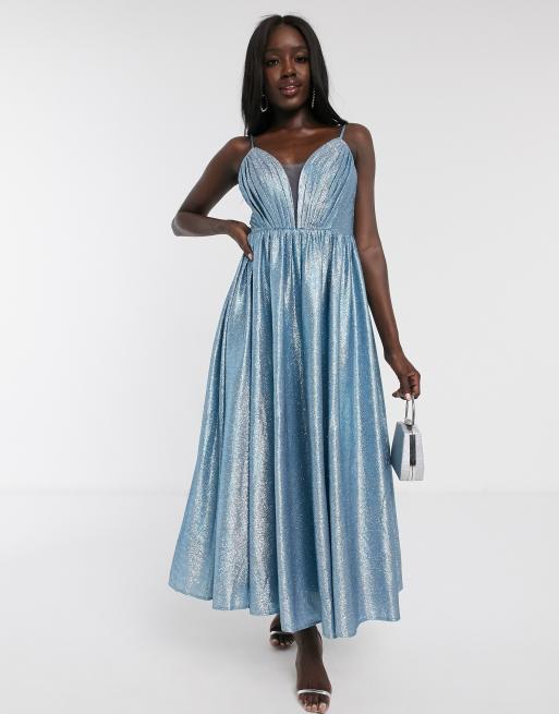 Dolly & delicious petite plunge front embellished maxi dress with shop high thigh split in ice blue