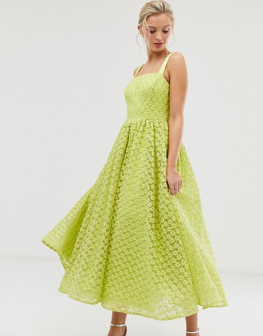 Dolly & Delicious square neck textured midaxi prom dress in neon lime