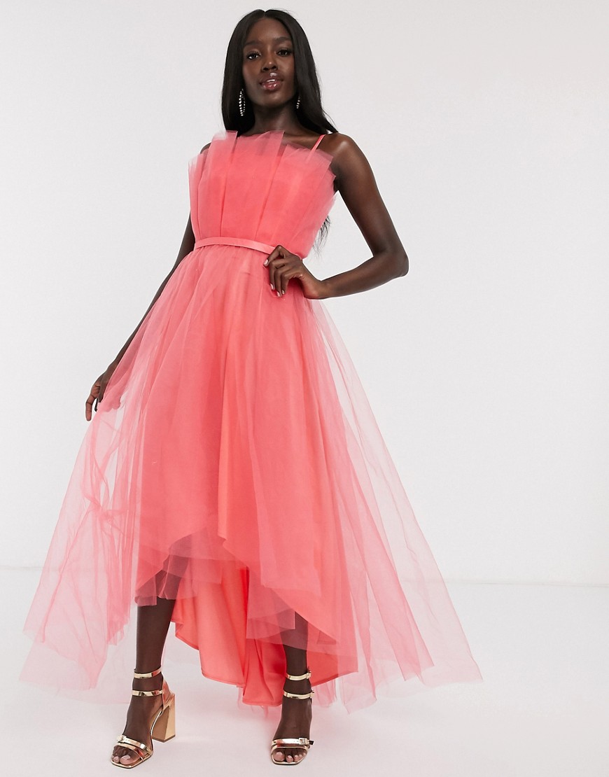 Dolly & Delicious tulle bardot layered high low prom midi dress in coral-Orange