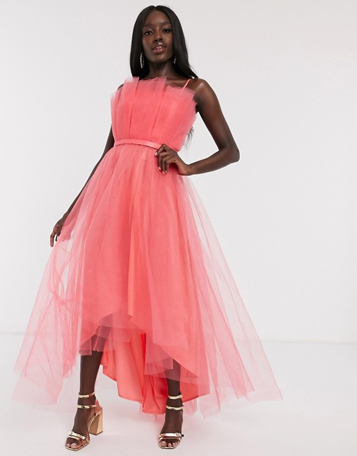 Dolly & Delicious tulle bardot layered high low prom midi dress in coral