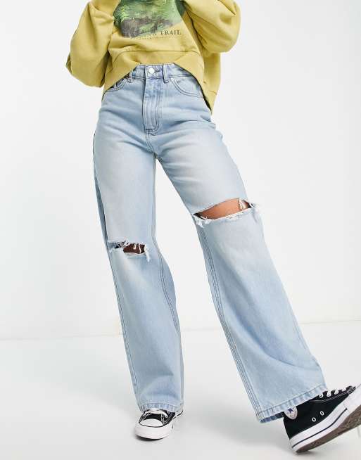 Don't Think Twice - Dad jeans a fondo ampio con strappi sulle ginocchia, colore blu slavato 