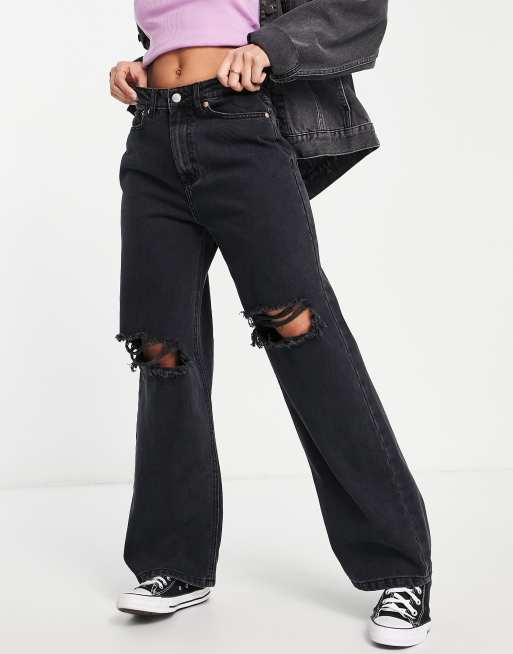 Don't Think Twice - Dad jeans a fondo ampio con strappi sulle ginocchia, colore nero slavato 