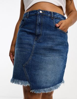 DTT Plus raw hem denim mini skirt in mid blue - ASOS Price Checker