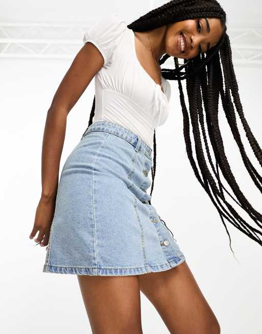 Don t Think Twice Tall Mini jupe en jean boutonnee Bleu clair ASOS