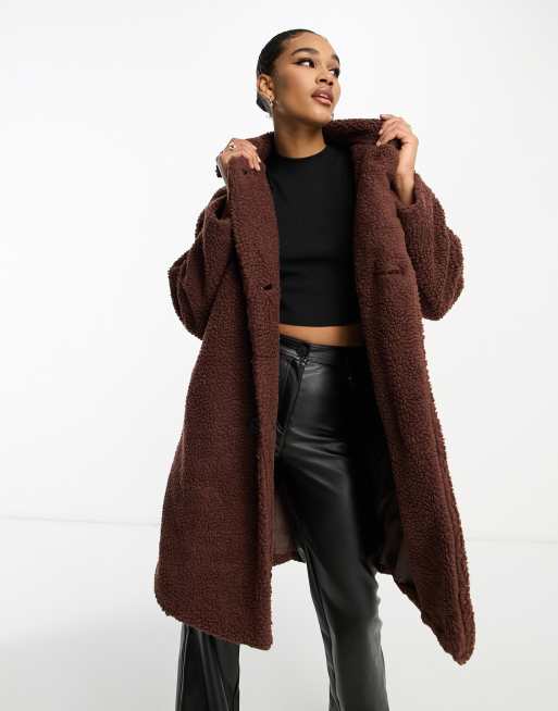 Don t Think Twice Tall Teddy Veste longue en imitation peau de mouton a double boutonnage Marron chocolat ASOS