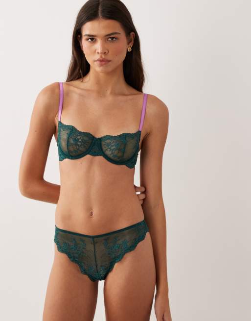 Dora Larsen Bryony floral lace bra and brief set in emerald green, 3 of 3