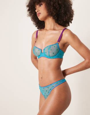 Nelle tulle heart embroidered thong in bright blue