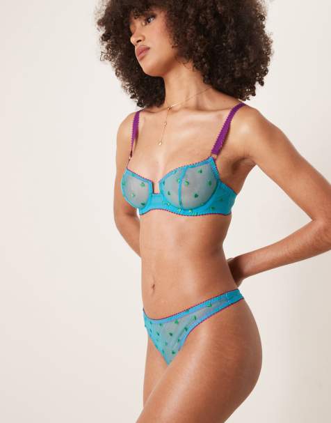 Dora Larsen Nelle tulle heart embroidered thong in bright blue - view 1