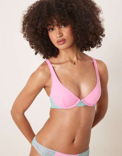 Dora Larsen Summer lace and microfiber underwire bra in bright pink and blue