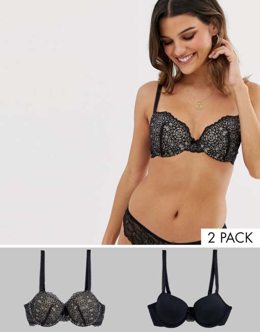 New Look 2 pack scribble heart bras in pink and black