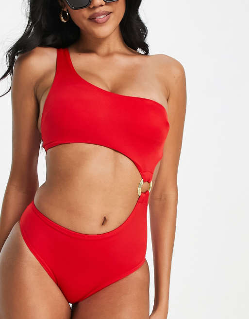 Red one cheap shoulder bathing suit