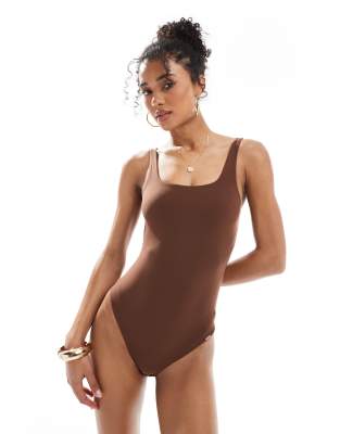 Dorina - Body string en tissu brossé - Marron - view 1