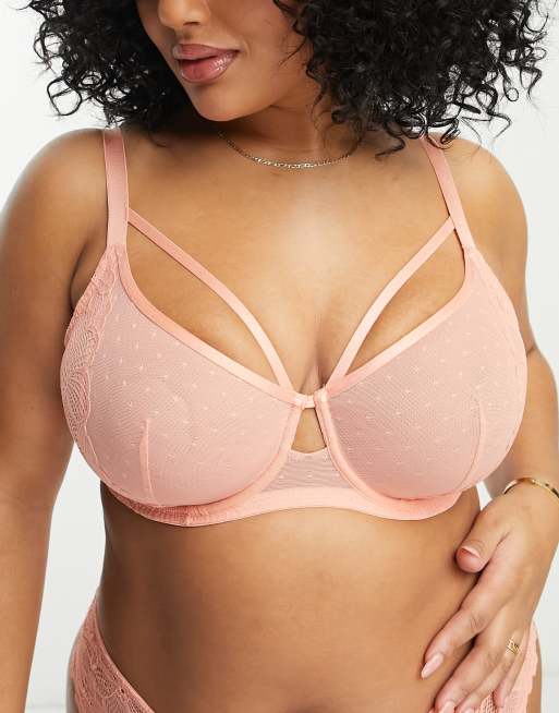 Dorina Curve Kimora non padded bra with spot mesh and lace detail in coral