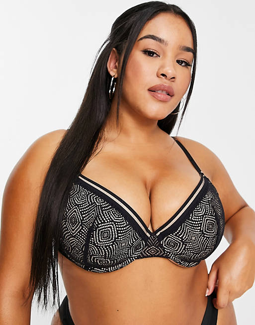  Dorina Curve Sunray recycled geo lace lightly padded demi bra in black 