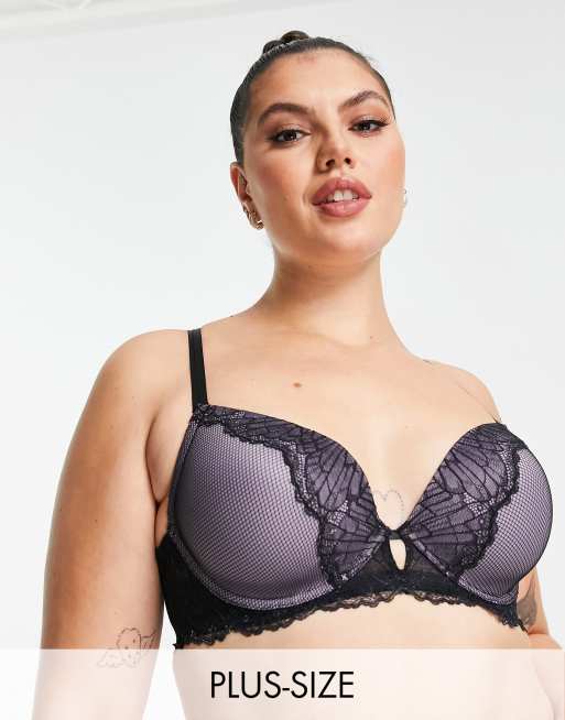 Dorina Curve – Vibrant – Czarny koronkowo-siateczkowy biustonosz z głębokim dekoltem i motywem motyla