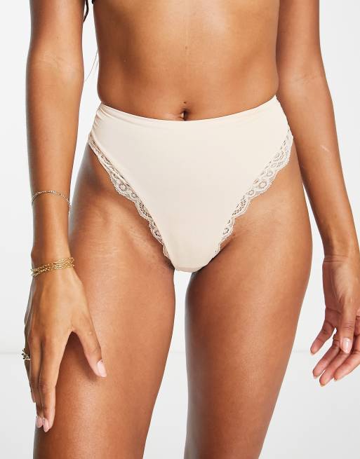 Dorina high waist medium control contour shaping thong with lace detail in  light beige