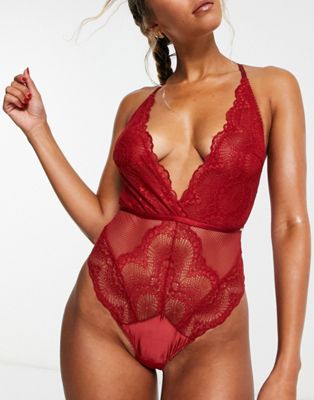 Dorina Jenner Lace And Fishnet Plunge Front Bodysuit In Red