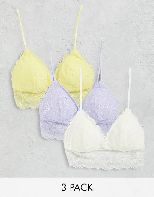 Dorina Leah lightly padded longline lace triangle bralet 3 pack in lilac,  white & lemon