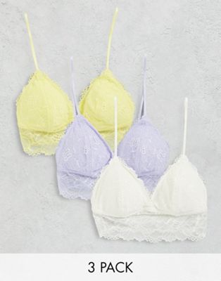 Dorina Leah lightly padded longline lace triangle bralette 3 pack in lilac, white & lemon
