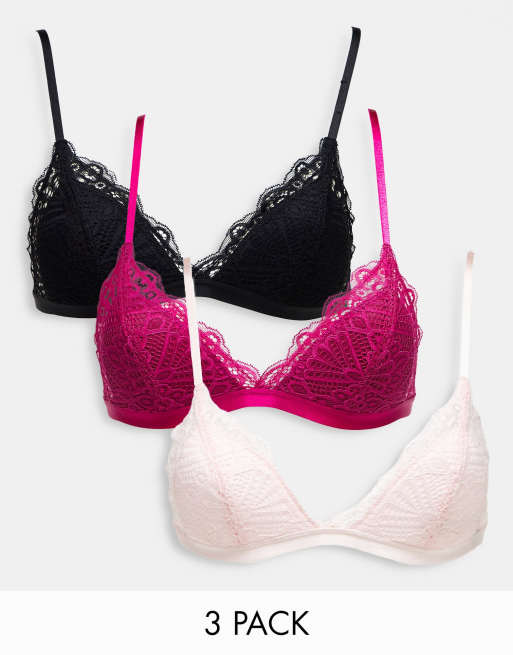 Dorina Leia 3 pack lace padded bralet in black, fuchsia and pink