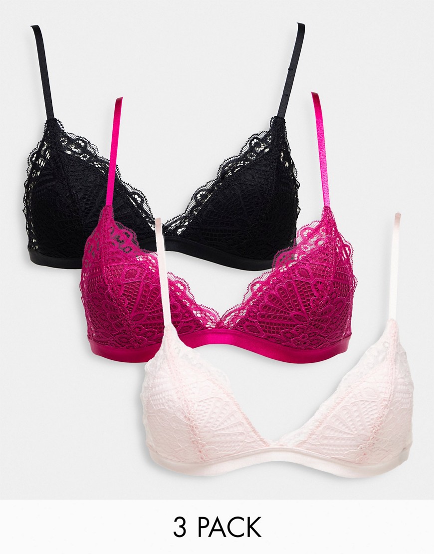 Dorina Leia 3 Pack Lace Padded Bralette In Black, Fuchsia And Pink-multi