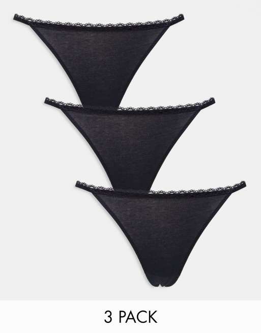 Dorina - Lot de 3 strings coupe tanga en coton avec bordure en dentelle - Noir