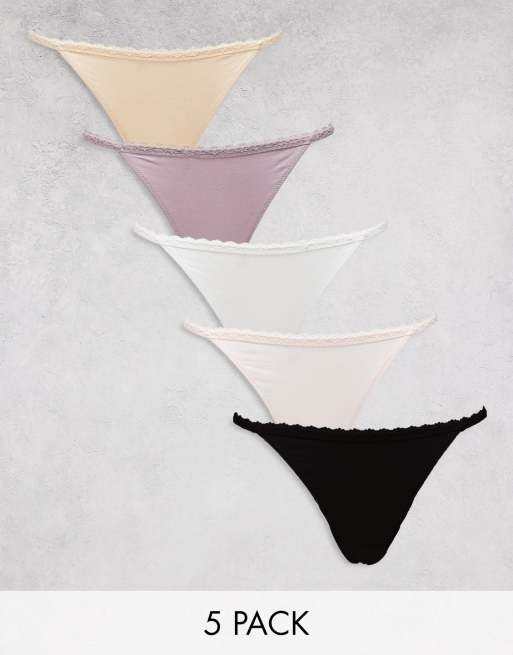 Dorina - Lot de 5 strings coupe tanga en coton avec bordure en dentelle - Multicolore