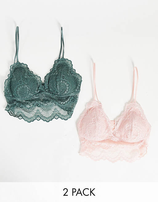 Dorina Mia lightly padded longline lace bralette 2 pack in green and pink