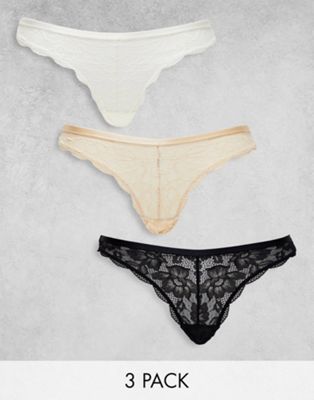 Dorina Myla 3 pack lace thong in white, black and beige