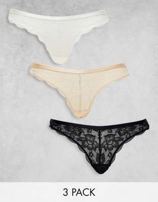 Dorina - Myla - Set van 3 kanten strings in wit, zwart en beige | ASOS