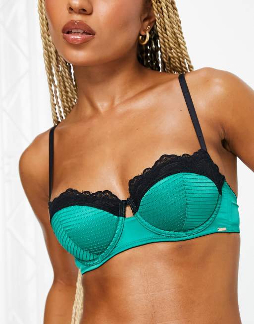 Dorina Natesha satin lightly padded balconette bra with lace trim in emerald green