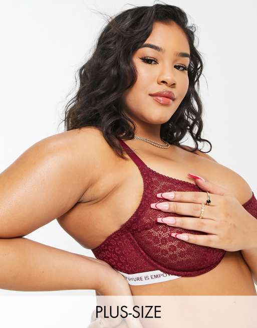 Dorina Plus - Rally - Reggiseno ad apice alto non imbottito in pizzo animalier bordeaux con fascia elastica con logo