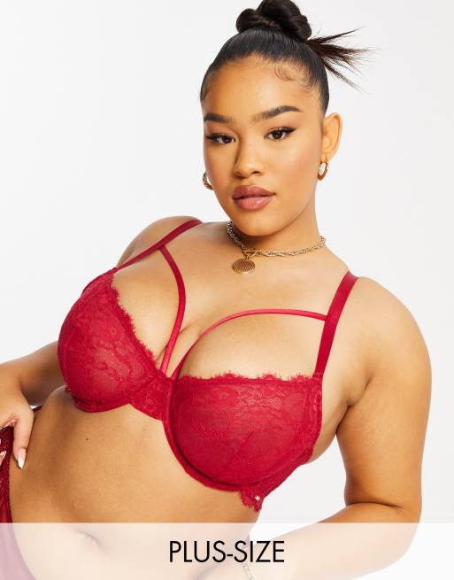 Dorina – Plus size – Diaz – Czerwony biustonosz z koronki z ozdobnymi paskami
