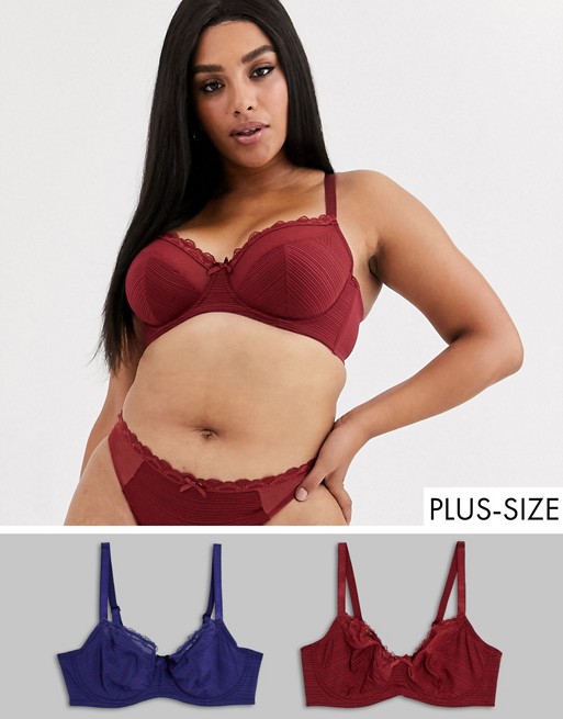 Dorina Plus Size Paula 2 pack unpadded bra in blue and red