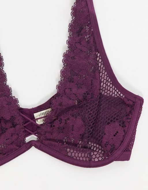 Dorina Plus Size Skye high apex lace front detail bra in burgundy, 3 of 4