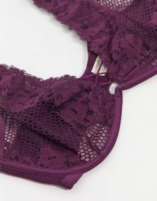Dorina Plus Size Skye high apex lace front detail bra in burgundy, 4 of 4