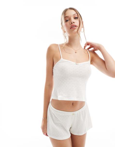 Dorina pointelle camisole with pink rosebud detail in ivory - view 1