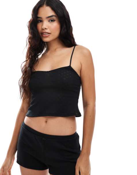 Dorina pointelle camisole with rosebud detail in black - view 1