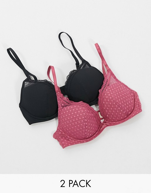 Dorina Reese 2 pack lightly padded lace plunge bras in black / pink