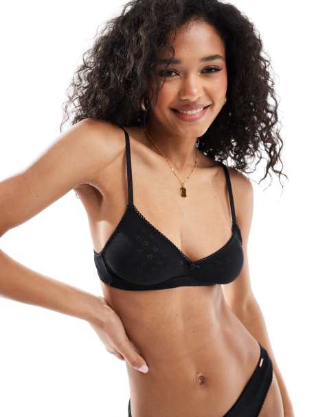Dorina - Sort bralette uden vattering med rosedetalje i pointelle-stof - view 1