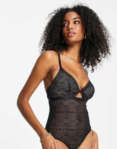 Dorina Sunray geo lace non wired bodysuit in black - BLACK