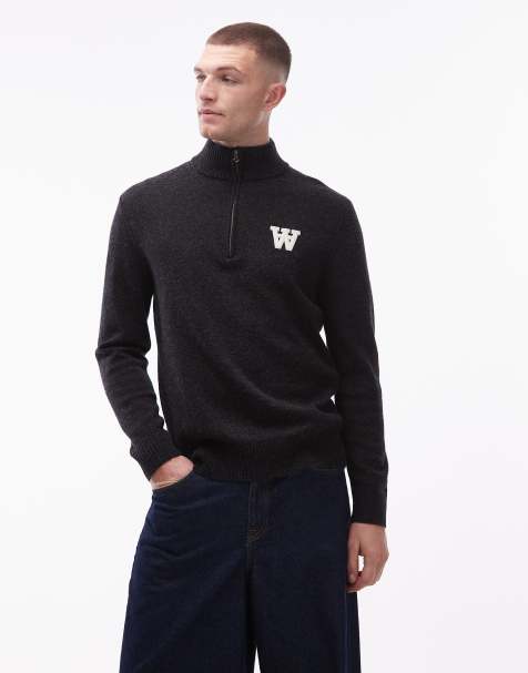 Double A By Wood Wood 100% wool quarter-zip knitted jumper with logo detail in black - view 1