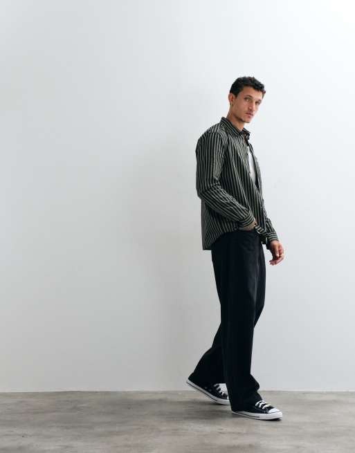 Double A By Wood Wood - Adrian - Camicia a maniche lunghe in 100% cotone verde a righe, 2 di 5