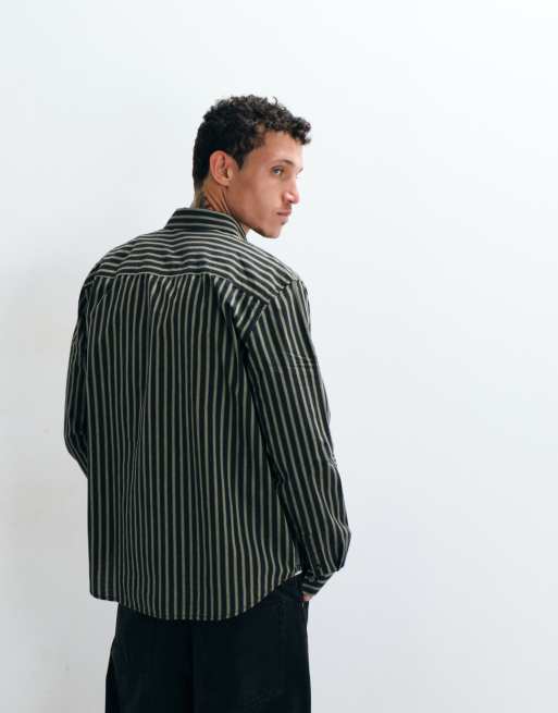 Double A By Wood Wood - Adrian - Camicia a maniche lunghe in 100% cotone verde a righe, 3 di 5
