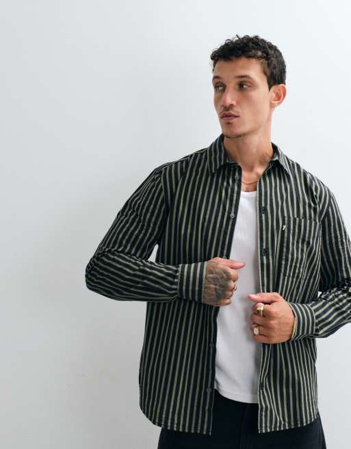 Double A By Wood Wood - Adrian - Camicia a maniche lunghe in 100% cotone verde a righe, 4 di 5