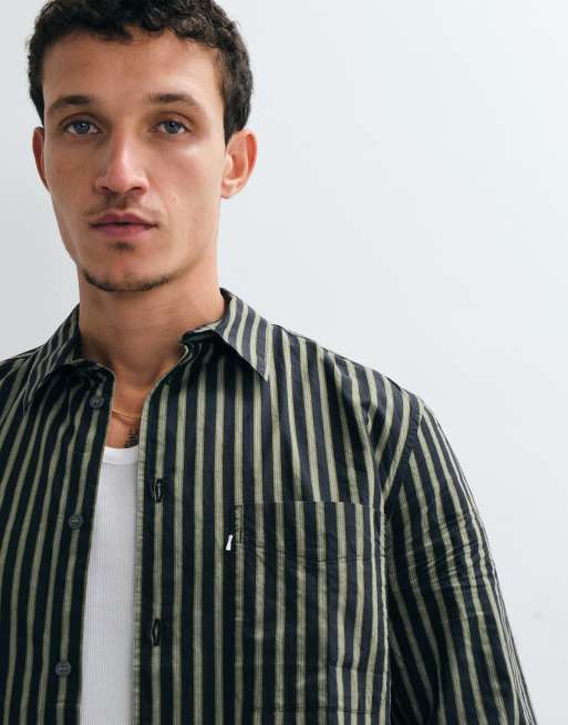 Double A By Wood Wood - Adrian - Camicia a maniche lunghe in 100% cotone verde a righe, 5 di 5