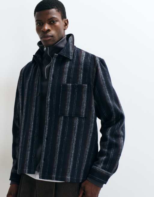 Double A By Wood Wood Clay overshirt in navy stripe, 3 of 5