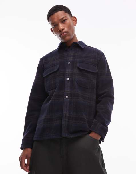 Double A By Wood Wood clay wool-mix overshirt in navy check - view 1